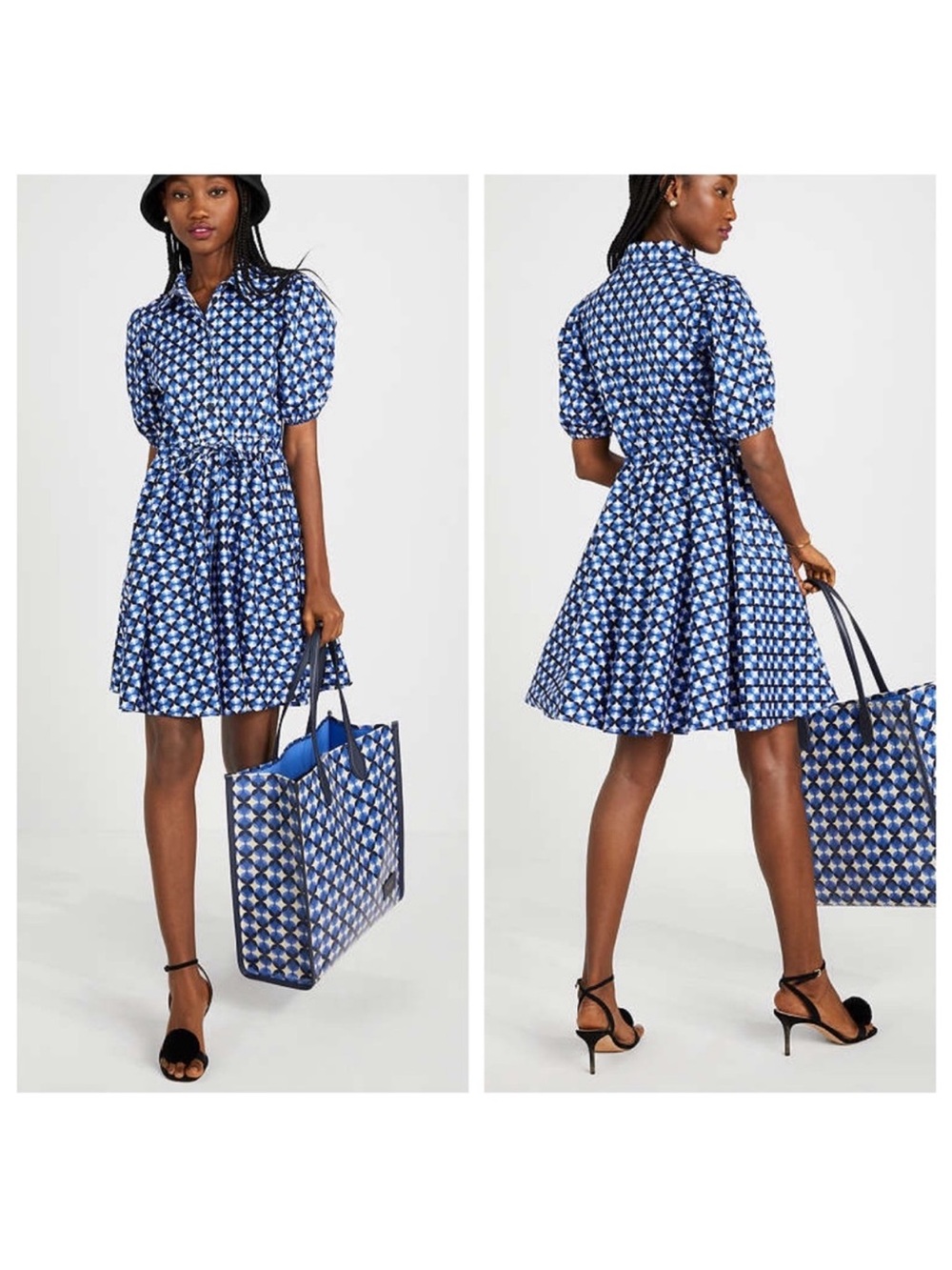 kate spade - patio tile shirtdress mini dress waist cinch puff sleeve size xxs